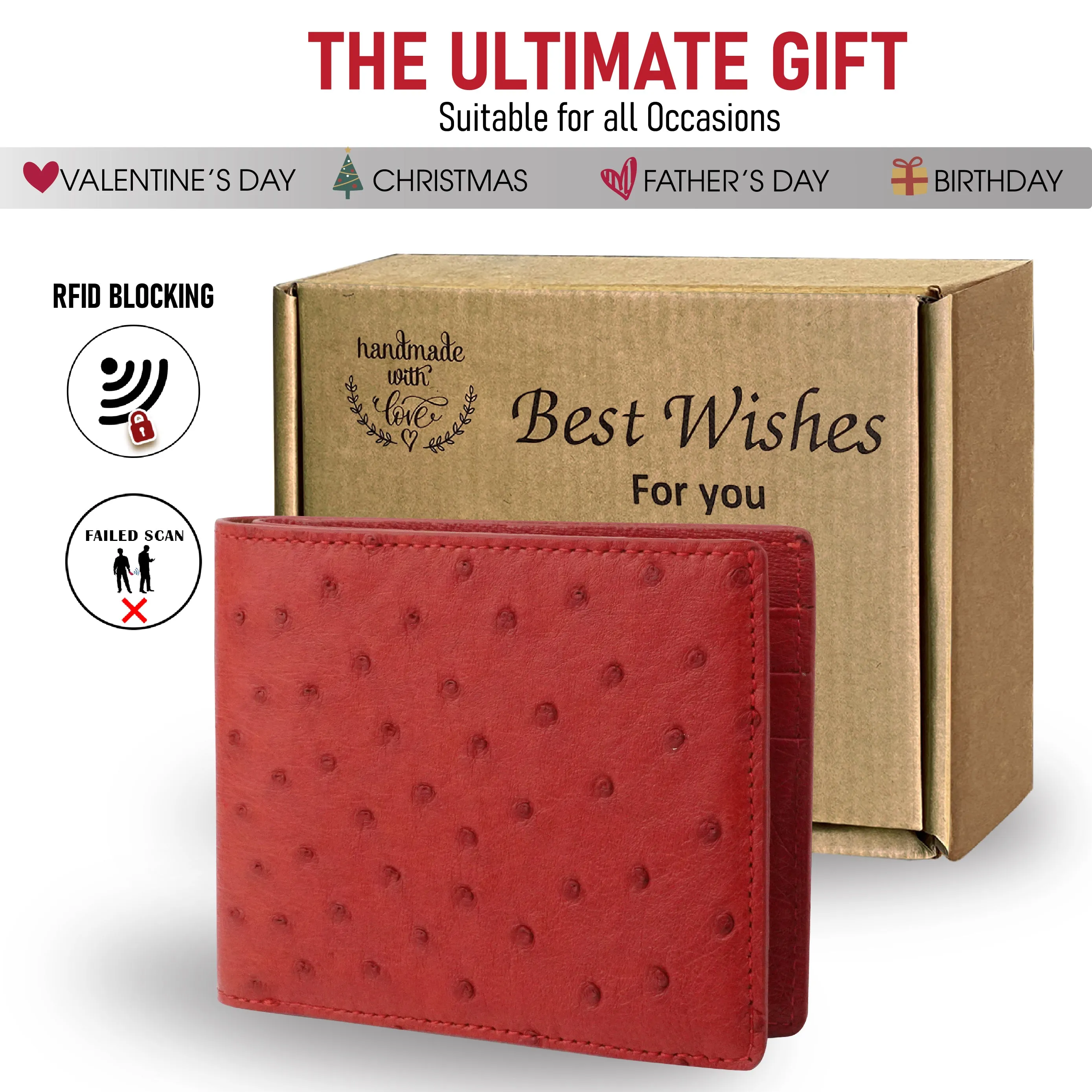 Red Handmade Double Side Ostrich Leather Bifold Wallet for Men | VINAMOS-07